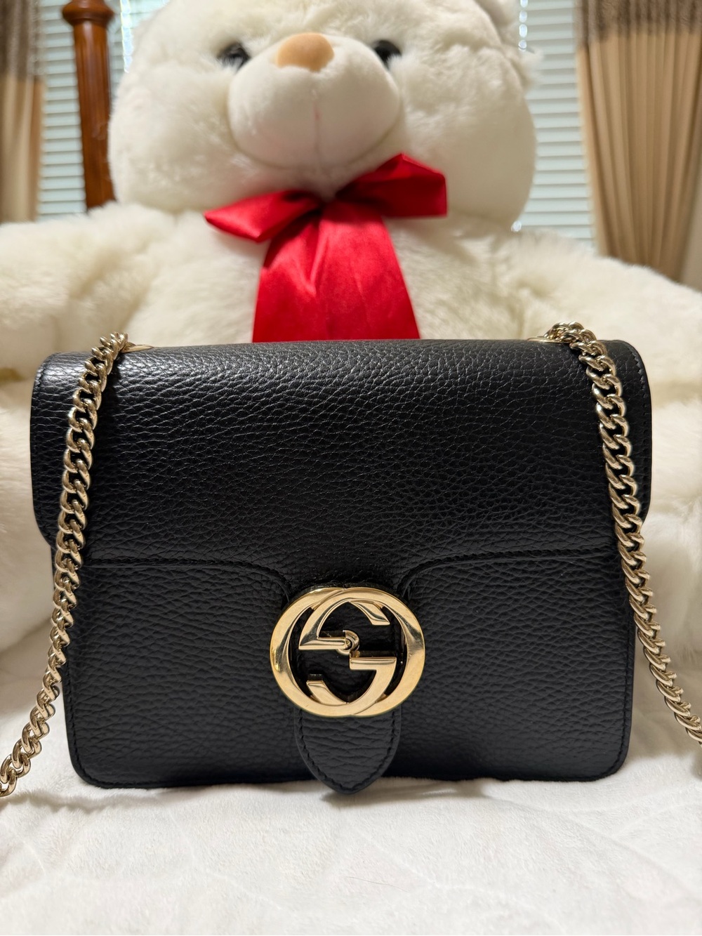 Gucci Black Leather Crossbody with Gold Chain and GG Logo
